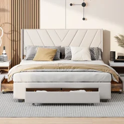 Generique Lit double 160x200 cm avec 3 tiroirs, sommier à lattes, lit queen size, linge, lit capitonné pour adulte - Beige* Lit Double
