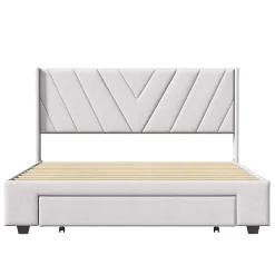 Generique Lit double 160x200 cm avec 3 tiroirs, sommier à lattes, lit queen size, linge, lit capitonné pour adulte - Beige* Lit Double