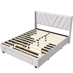 Generique Lit double 160x200 cm avec 3 tiroirs, sommier à lattes, lit queen size, linge, lit capitonné pour adulte - Beige* Lit Double