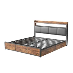 Lit double 140x200 cm avec cadre en métal, tête de lit en PU noir mat motif tigre et éclairage LED intégré><noscript><img width=