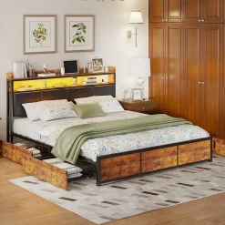 Lit double 140x200 cm avec cadre en métal, tête de lit en PU noir mat motif tigre et éclairage LED intégré><noscript><img width=
