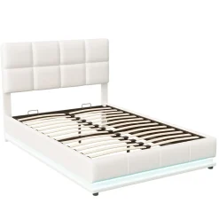 Lit Double 140x190 Cm, Avec Éclairage LED, Lit Avec Sommier Et Rangement, Pu, Blanc>Fortuna lai Sale