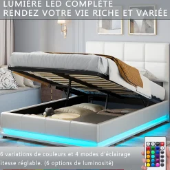 Lit Double 140x190 Cm, Avec Éclairage LED, Lit Avec Sommier Et Rangement, Pu, Blanc><noscript><img width=