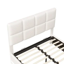 Lit Double 140x190 Cm, Avec Éclairage LED, Lit Avec Sommier Et Rangement, Pu, Blanc><noscript><img width=