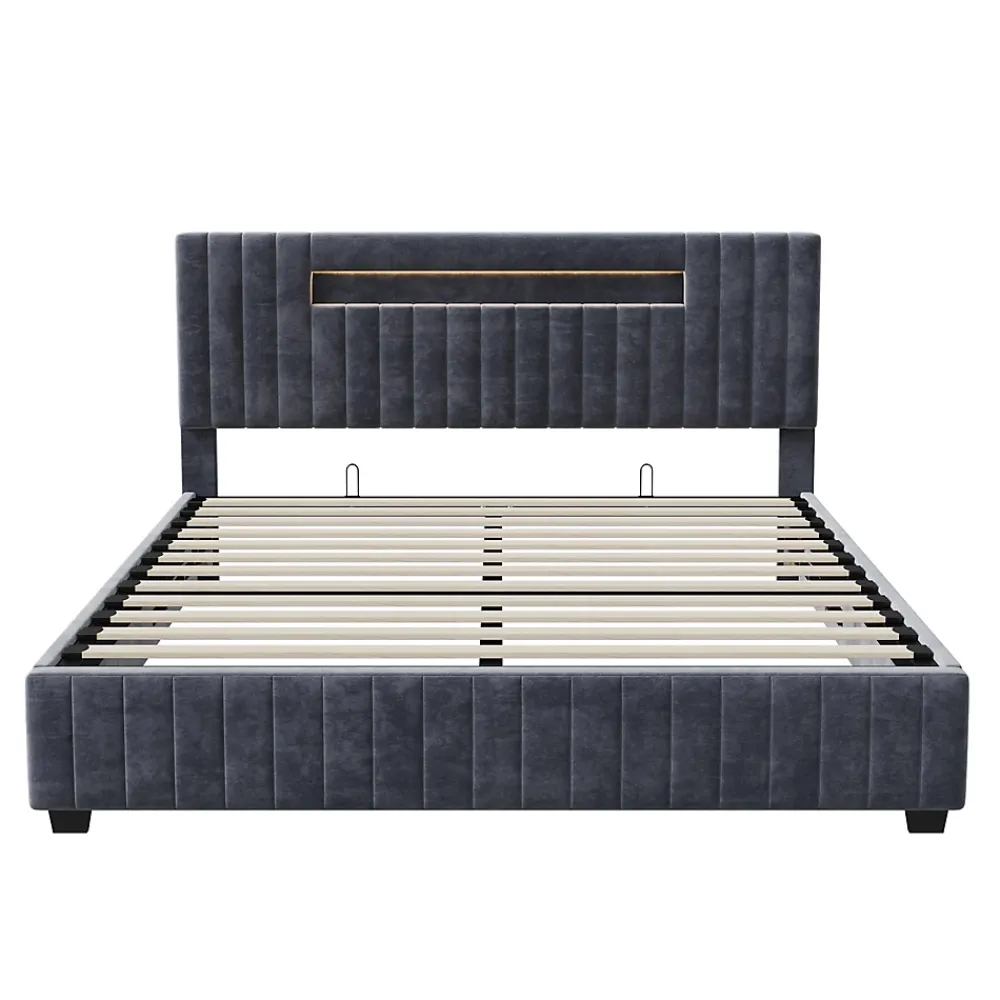 Fortuna lai Lit Double 160x200 cm avec Coffre de Rangement Hydraulique Velours Capitonné Gris, Éclairage LED Intégré et Cadre Robuste* Lit Coffre