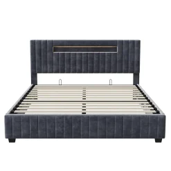 Lit Double 140x200 cm avec Coffre de Rangement Hydraulique Velours Capitonné Gris, Éclairage LED Intégré et Cadre Robuste>Fortuna lai Discount