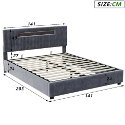 Lit Double 140x200 cm avec Coffre de Rangement Hydraulique Velours Capitonné Gris, Éclairage LED Intégré et Cadre Robuste><noscript><img width=