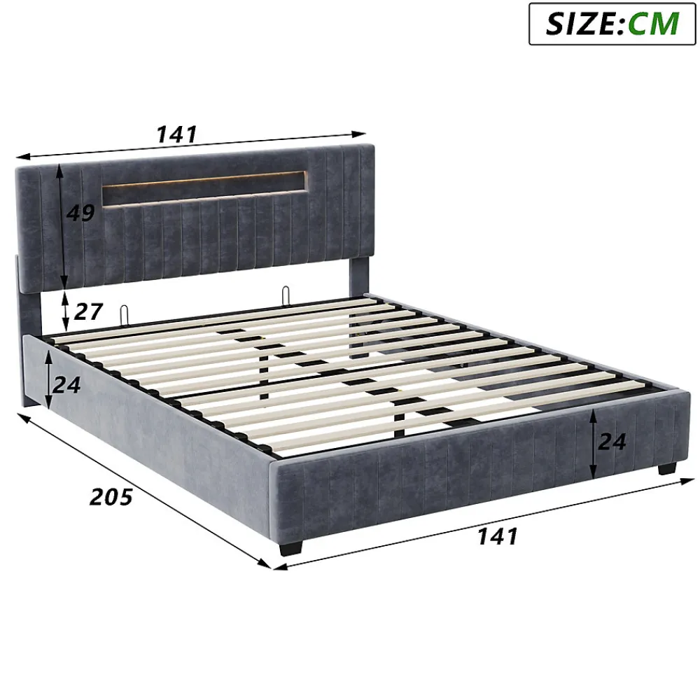 Lit Double 140x200 cm avec Coffre de Rangement Hydraulique Velours Capitonné Gris, Éclairage LED Intégré et Cadre Robuste>Fortuna lai Discount