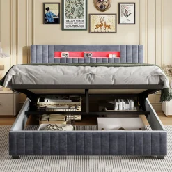 Lit Double 140x200 cm avec Coffre de Rangement Hydraulique Velours Capitonné Gris, Éclairage LED Intégré et Cadre Robuste><noscript><img width=