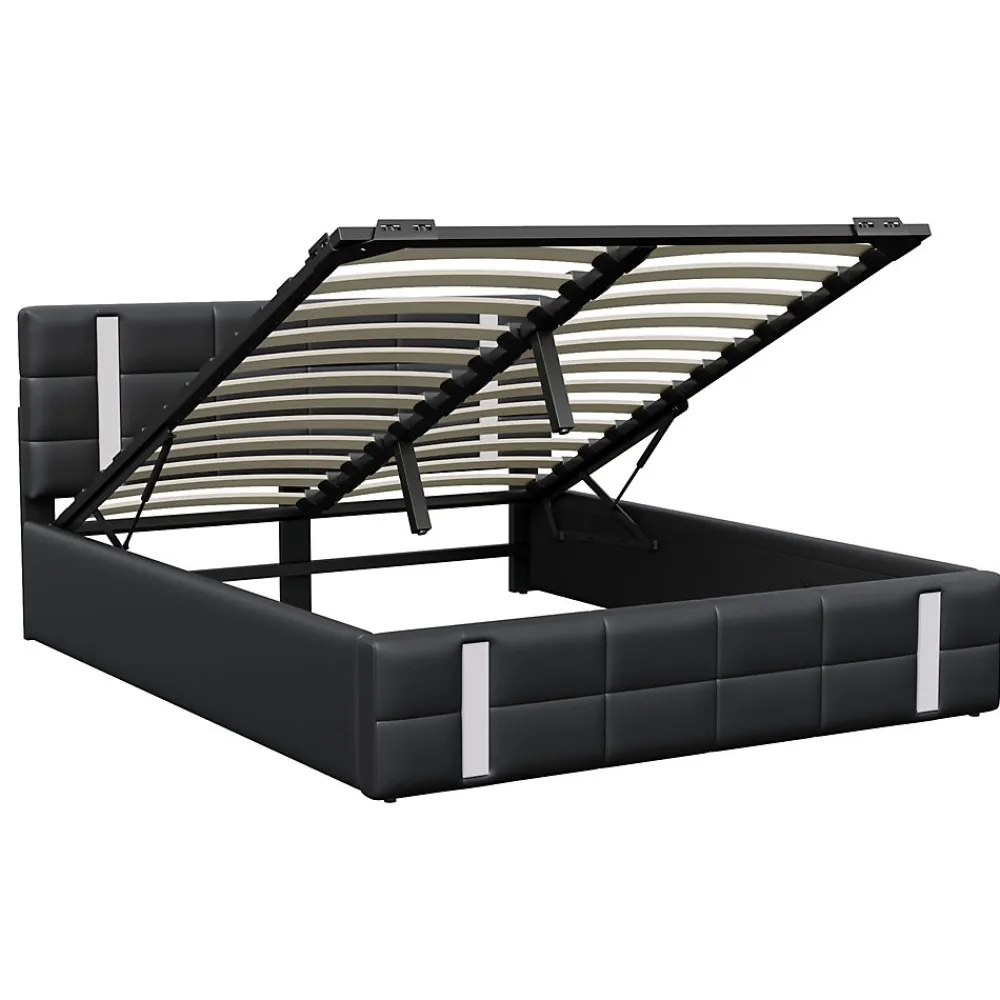 Lit double 140x200 cm avec LED, USB, tête de lit, sommier à lattes, PU noir, fonction de charge>Generique Online