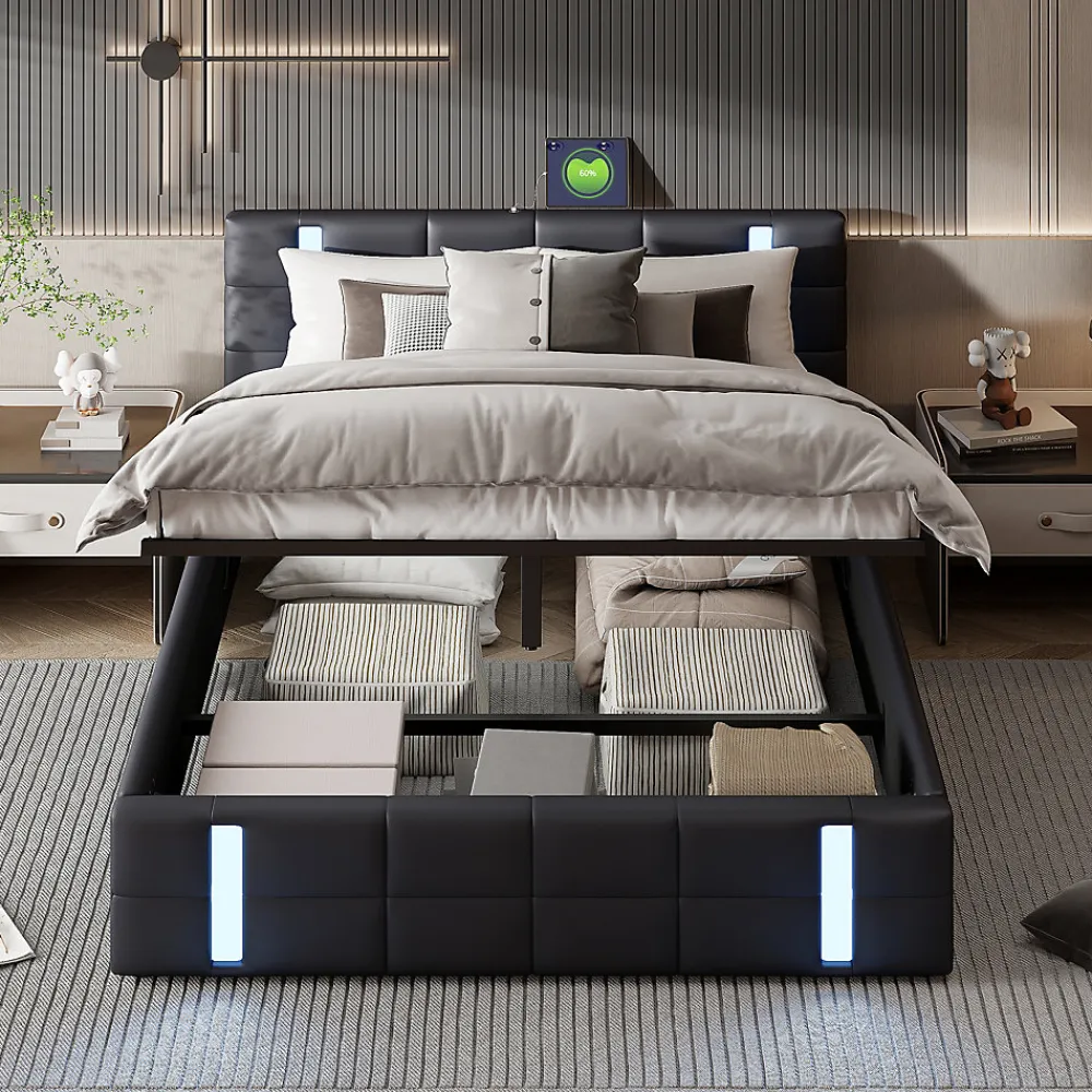 Lit double 140x200 cm avec LED, USB, tête de lit, sommier à lattes, PU noir, fonction de charge>Generique Online