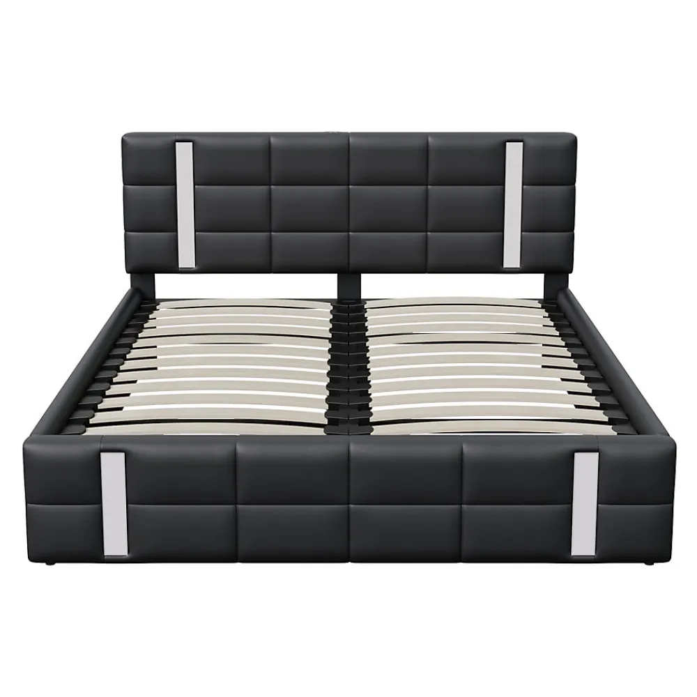Lit double 140x200 cm avec LED, USB, tête de lit, sommier à lattes, PU noir, fonction de charge>Generique Online