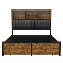 Lit double 140x200 cm avec LED, cadre métal, 2 tiroirs, tête avec rangement, sommier lattes><noscript><img width=
