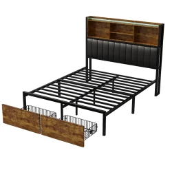 Fortuna lai Lit double 160x200 cm avec LED, cadre métal, 2 tiroirs, tête avec rangement, sommier lattes* Lit Coffre