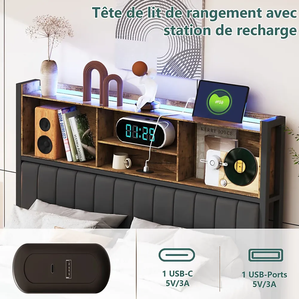 Fortuna lai Lit double 160x200 cm avec LED, cadre métal, 2 tiroirs, tête avec rangement, sommier lattes* Lit Coffre