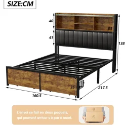Fortuna lai Lit double 160x200 cm avec LED, cadre métal, 2 tiroirs, tête avec rangement, sommier lattes* Lit Coffre