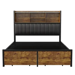 Fortuna lai Lit double 160x200 cm avec LED, cadre métal, 2 tiroirs, tête avec rangement, sommier lattes* Lit Coffre