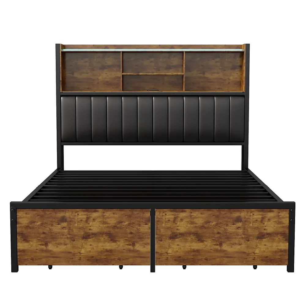 Fortuna lai Lit double 160x200 cm avec LED, cadre métal, 2 tiroirs, tête avec rangement, sommier lattes* Lit Coffre