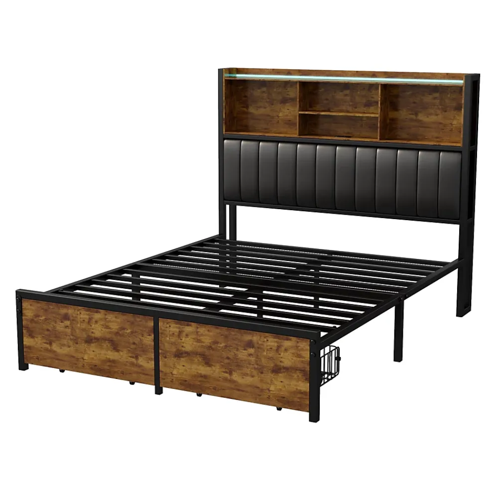 Fortuna lai Lit double 160x200 cm avec LED, cadre métal, 2 tiroirs, tête avec rangement, sommier lattes* Lit Coffre