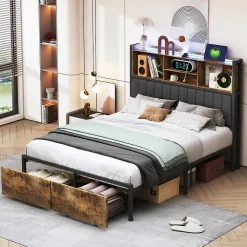 Fortuna lai Lit double 160x200 cm avec LED, cadre métal, 2 tiroirs, tête avec rangement, sommier lattes* Lit Coffre