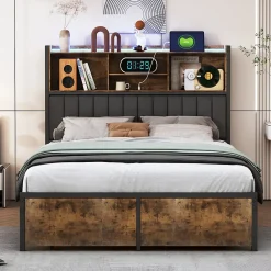 Fortuna lai Lit double 160x200 cm avec LED, cadre métal, 2 tiroirs, tête avec rangement, sommier lattes* Lit Coffre