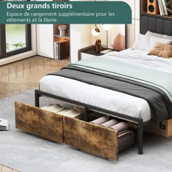 Fortuna lai Lit double 160x200 cm avec LED, cadre métal, 2 tiroirs, tête avec rangement, sommier lattes* Lit Coffre
