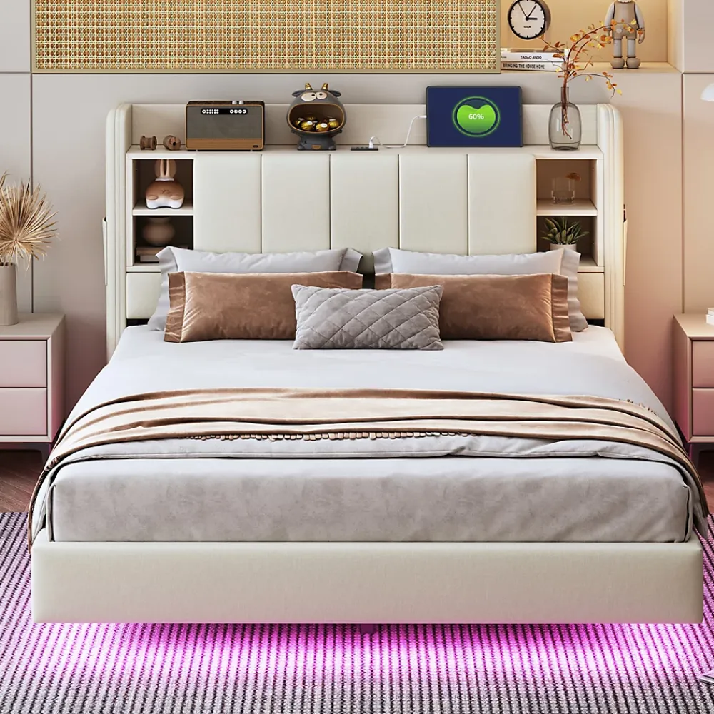 Okwish Lit Double 140x200 cm avec Ports USB, Éclairage LED et Rangement Intégré - Tête de Lit Réversible - Lin Beige* Lit Double