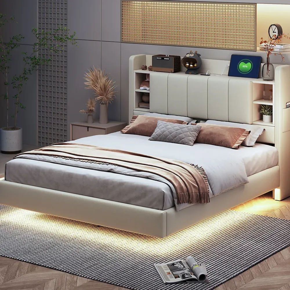 Okwish Lit Double 140x200 cm avec Ports USB, Éclairage LED et Rangement Intégré - Tête de Lit Réversible - Lin Beige* Lit Double