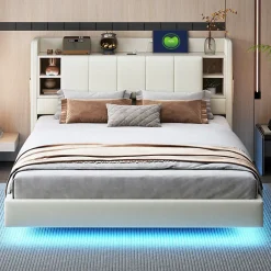 Lit Double 160x200 cm avec Ports USB, Éclairage LED et Rangement Intégré - Tête de Lit Réversible - Lin Beige, Sans Matelas><noscript><img width=