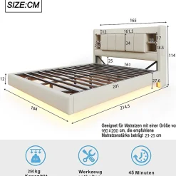 Lit Double 160x200 cm avec Ports USB, Éclairage LED et Rangement Intégré - Tête de Lit Réversible - Lin Beige, Sans Matelas><noscript><img width=