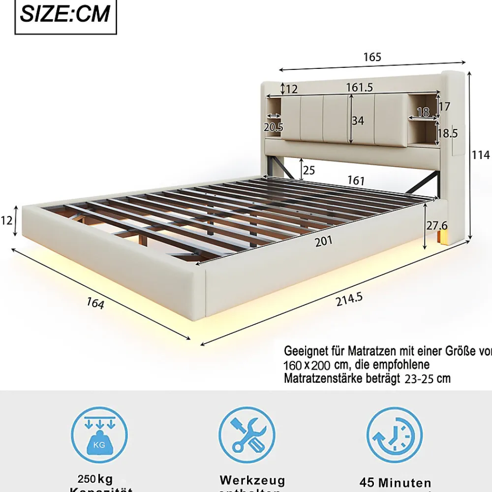 Lit Double 160x200 cm avec Ports USB, Éclairage LED et Rangement Intégré - Tête de Lit Réversible - Lin Beige, Sans Matelas>Okwish New
