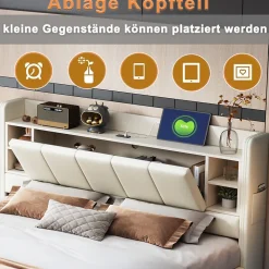 Lit Double 160x200 cm avec Ports USB, Éclairage LED et Rangement Intégré - Tête de Lit Réversible - Lin Beige, Sans Matelas><noscript><img width=