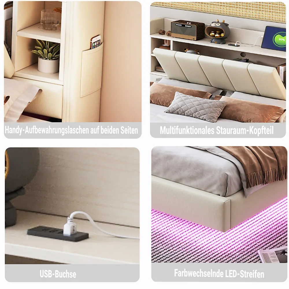 Lit Double 160x200 cm avec Ports USB, Éclairage LED et Rangement Intégré - Tête de Lit Réversible - Lin Beige, Sans Matelas>Okwish New