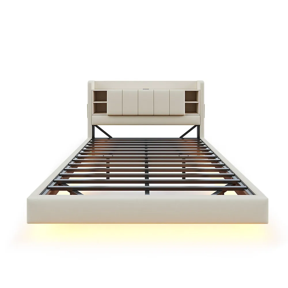 Lit Double 160x200 cm avec Ports USB, Éclairage LED et Rangement Intégré - Tête de Lit Réversible - Lin Beige, Sans Matelas>Okwish New