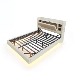 Lit Double 160x200 cm avec Ports USB, Éclairage LED et Rangement Intégré - Tête de Lit Réversible - Lin Beige, Sans Matelas><noscript><img width=
