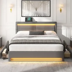 Generique Lit double 140x200 cm avec Rangement - Lit Capitonné PU avec USB et Chargeur Sans Fil Intégré, Éclairage LED - Gris - Sans Matelas* Lit Double