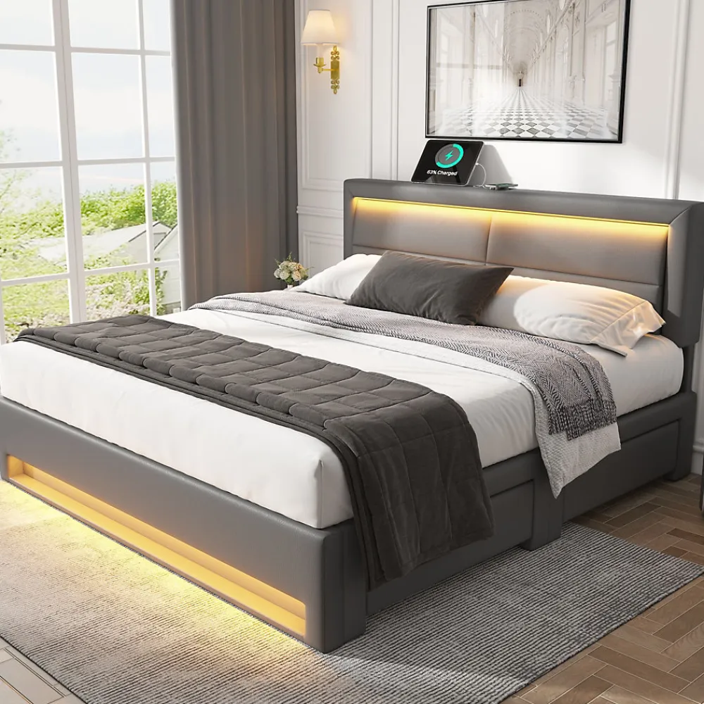 Generique Lit double 140x200 cm avec Rangement - Lit Capitonné PU avec USB et Chargeur Sans Fil Intégré, Éclairage LED - Gris - Sans Matelas* Lit Double