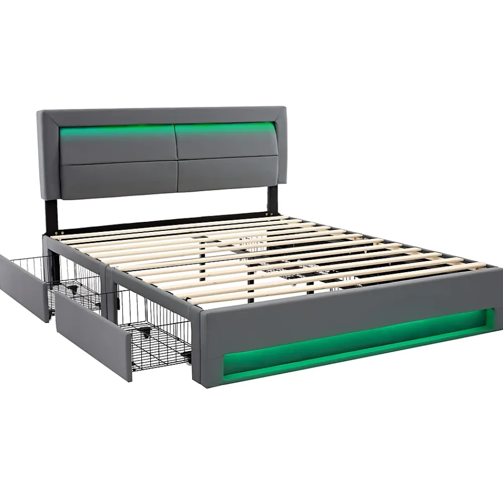 Generique Lit double 140x200 cm avec Rangement - Lit Capitonné PU avec USB et Chargeur Sans Fil Intégré, Éclairage LED - Gris - Sans Matelas* Lit Double