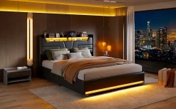 Simple Life Lit Double 140x200 Cm Avec Rangement Et Port De Charge, Éclairage Par Bande Lumineuse, Noir* Lit Coffre
