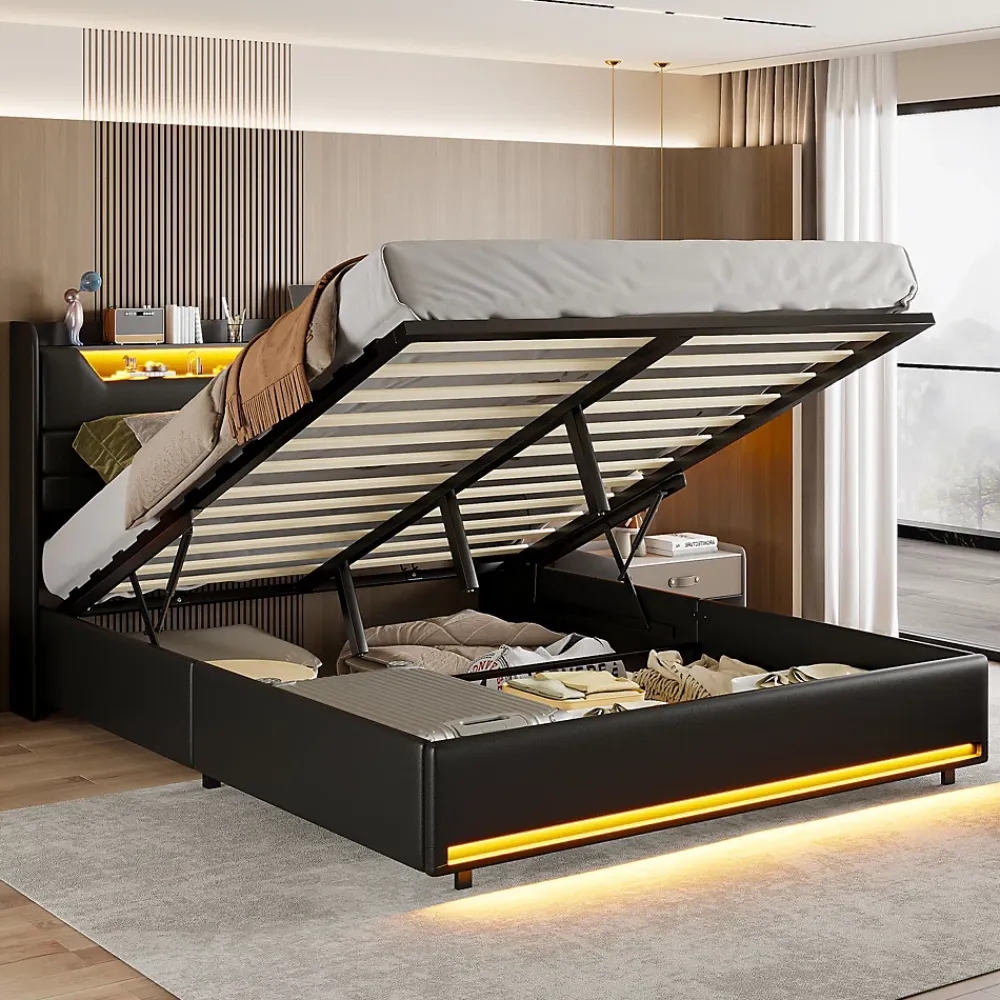 Simple Life Lit Double 140x200 Cm Avec Rangement Et Port De Charge, Éclairage Par Bande Lumineuse, Noir* Lit Coffre