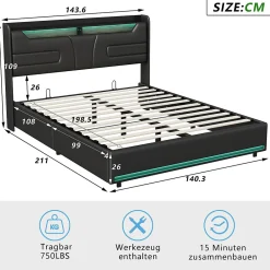Lit Double 140x200 Cm Avec Rangement Et Port De Charge, Éclairage Par Bande Lumineuse, Noir><noscript><img width=