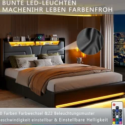 Lit Double 140x200 Cm Avec Rangement Et Port De Charge, Éclairage Par Bande Lumineuse, Noir><noscript><img width=