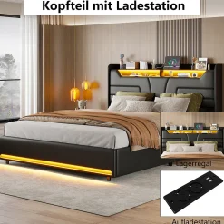 Lit Double 140x200 Cm Avec Rangement Et Port De Charge, Éclairage Par Bande Lumineuse, Noir><noscript><img width=