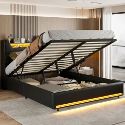 Lit Double 140x200 Cm Avec Rangement Et Port De Charge, Éclairage Par Bande Lumineuse, Noir><noscript><img width=