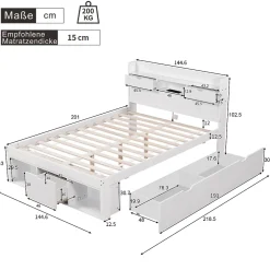 Okwish Lit double 140x200 cm avec tiroirs, armoire latérale et port USB, structure pin et contreplaqué blanc, sans matelas* Lit Avec Rangement