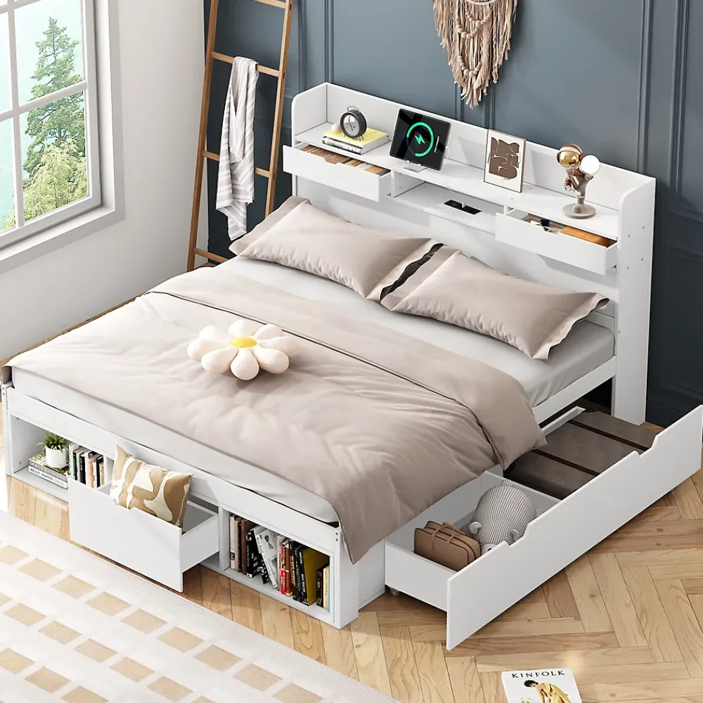 Okwish Lit double 140x200 cm avec tiroirs, armoire latérale et port USB, structure pin et contreplaqué blanc, sans matelas* Lit Avec Rangement