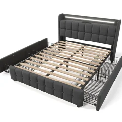 Generique Lit double 160x200 cm avec tête de lit LED, ports USB, 4 tiroirs et sommier à lattes en bois, gris* Lit Double