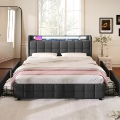 Generique Lit double 160x200 cm avec tête de lit LED, ports USB, 4 tiroirs et sommier à lattes en bois, gris* Lit Double