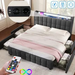 Generique Lit double 160x200 cm avec tête de lit LED, ports USB, 4 tiroirs et sommier à lattes en bois, gris* Lit Double