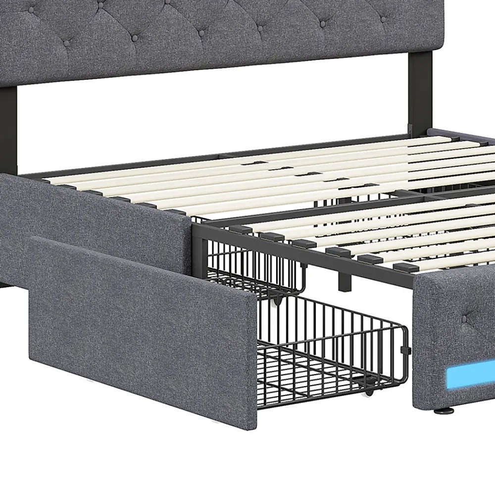 Lit double 180x200 cm avec tête de lit LED réglable, USB et Type-C, 4 tiroirs, sommier à lattes, structure en métal - Gris>Generique